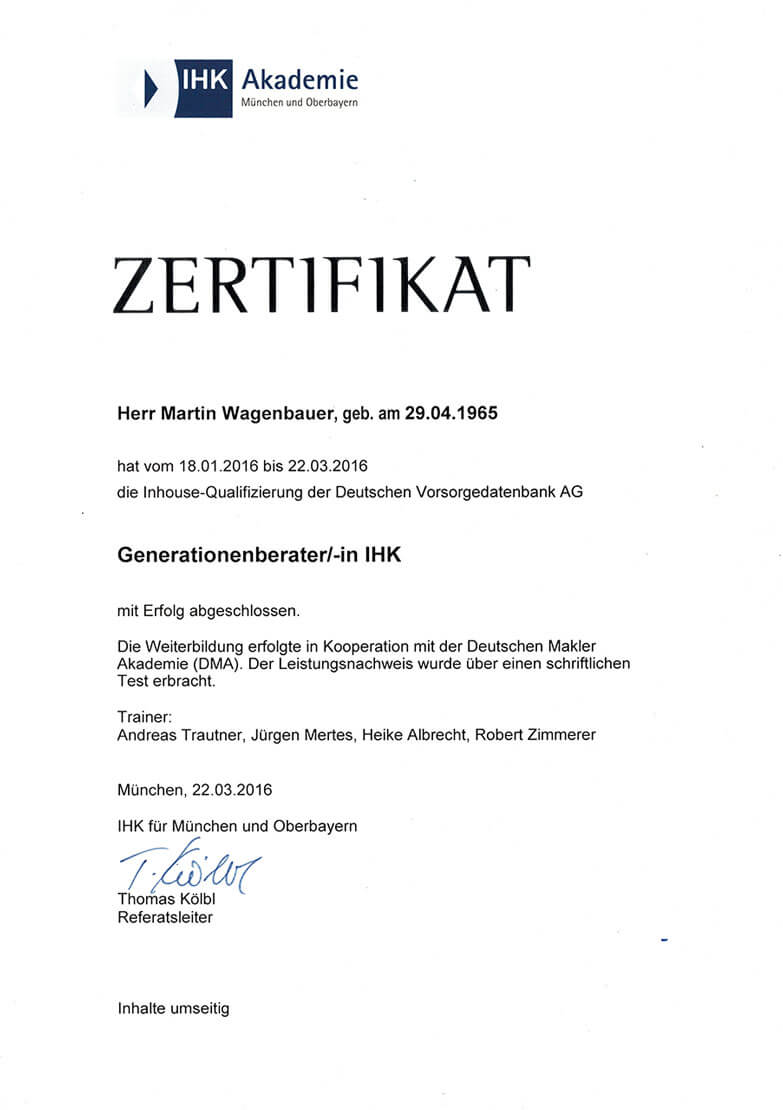 Zertifikat: Generationenberater | Finanzkonzepte Wagenbauer