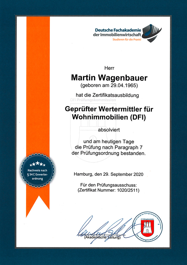 Zertifikat: geprüfter Wertermittler | Finanzkonzepte Wagenbauer